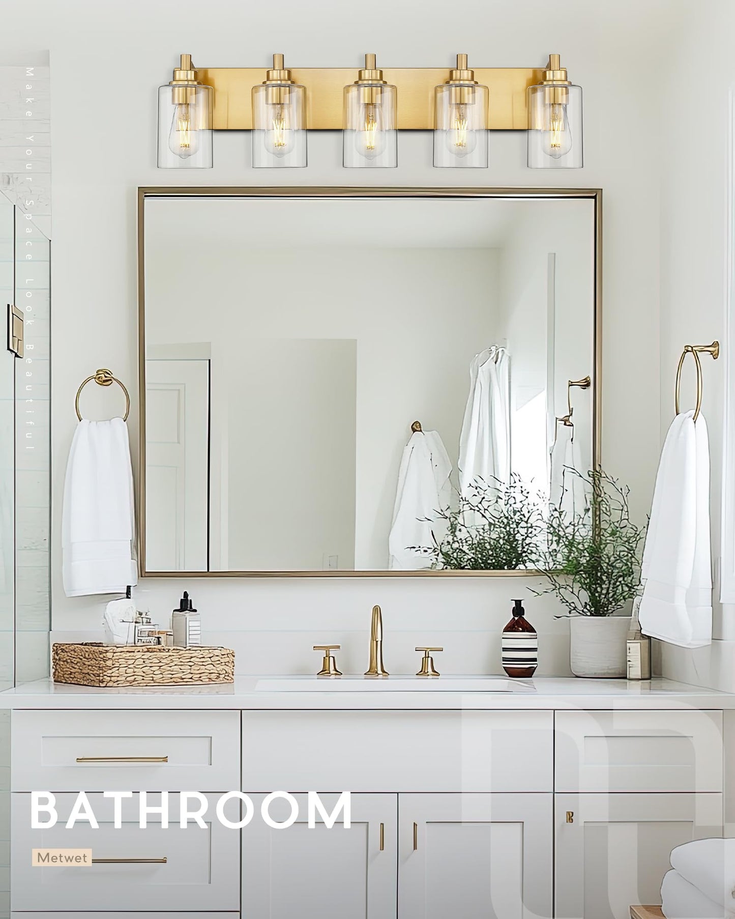 Metwet 5-Light Bathroom Light Fixtures  30 Inch Brushed Gold Vanity Light With Cylinder Clear Glass Shade  Modern Vanity Lighting Fixtures Over Mirror  Vl143-Bg-5