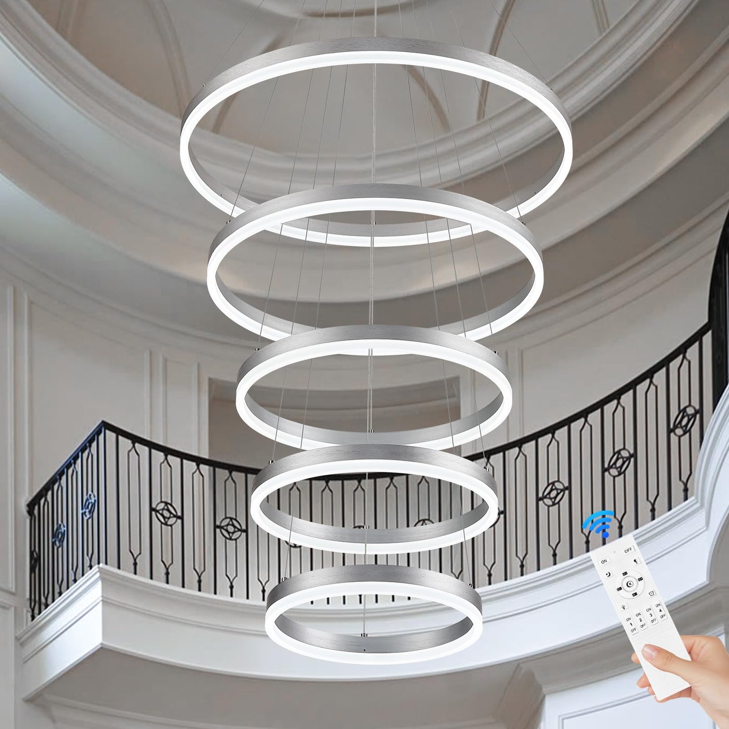 Sparklelf LED Chandelier, Dimmable Silver, 5 Rings 23.6in, Remote Control, Modern Design for Foyer, Dining Room, Living Room, Model SE-P60S