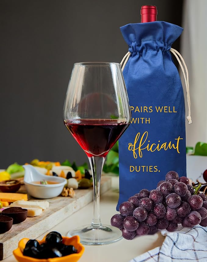 Wedding Officiant Wine Bag,Officiant Wine Bag,Pairs Well With Wedding Officiant Duties,Officiant Gift,Officiant Wedding Gift, Burlap Drawstring Wine Bag (Officiant-Blue)