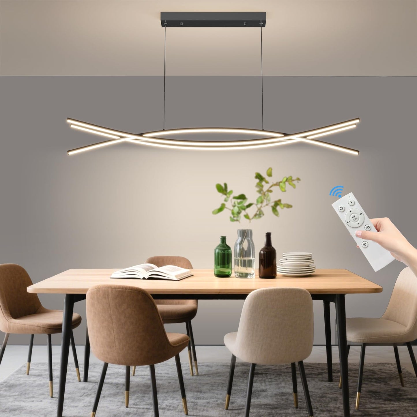 Mikeru Modern Ceiling Chandelier Light 47in Aluminum Pendant with Remote Control, Adjustable Color Temperature, Black