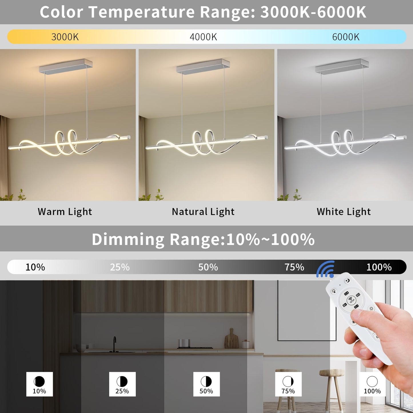 Zihoi Modern LED Pendant Light Fixture, Dimmable with Remote, 47in Aluminum, Adjustable Color 3000K-6000K, Chrome Silver