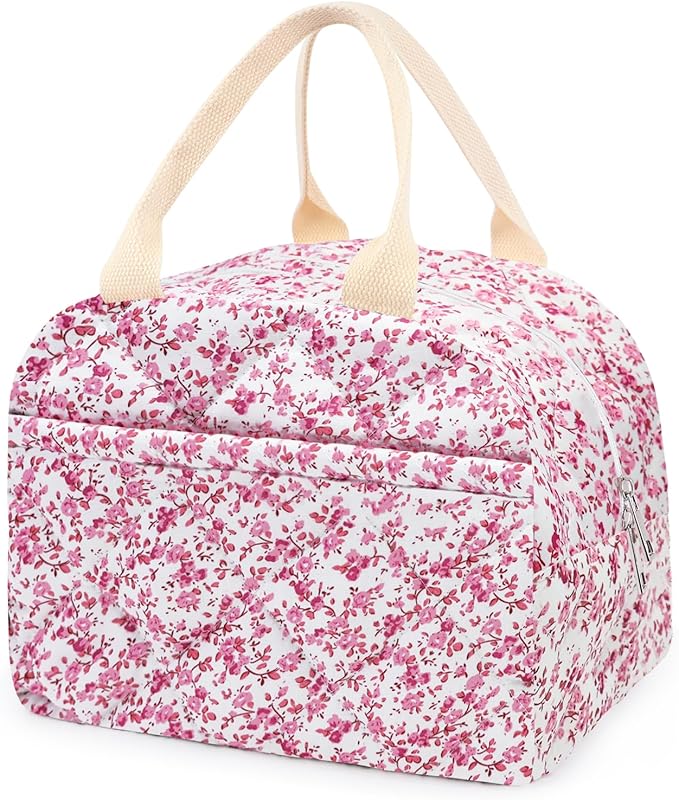 Cotton Quilted Insulated Lunch Bag, Cute Quilted Floral Lunch Tote Bags Reusable Insulated Lunch Box Coquette Aesthetic Large Capacity Insulated Cooler for Women Work Travel Picnic (Red)