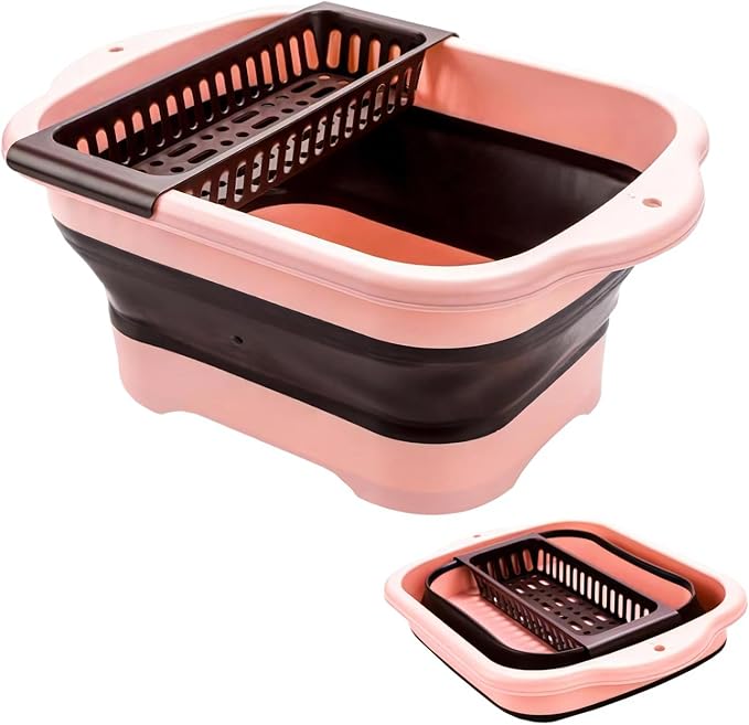 Collapsible Dish Basin Colander for Kitchen,Portable Bucket Camping Sink 2.9 Gallon (11L) (Pink)