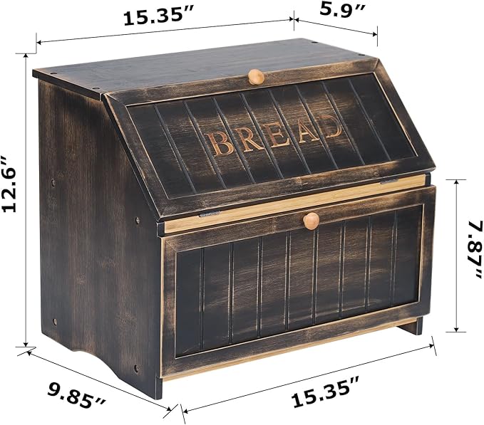 HOMEKOKO Double Layer Large Bread Box for Kitchen Counter, Retro Design Wooden Large Capacity Bread Storage Bin (Vintage Black)