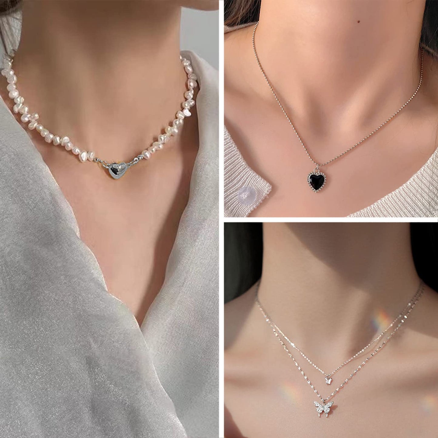 IFKM 21 PC Silver Plated Jewelry Set with 3 Necklace, 3 Bracelet, 15 Knuckle Rings for Women - Valentine, Anniversary, Birthday, Friendship - Cute Fashion Gifts