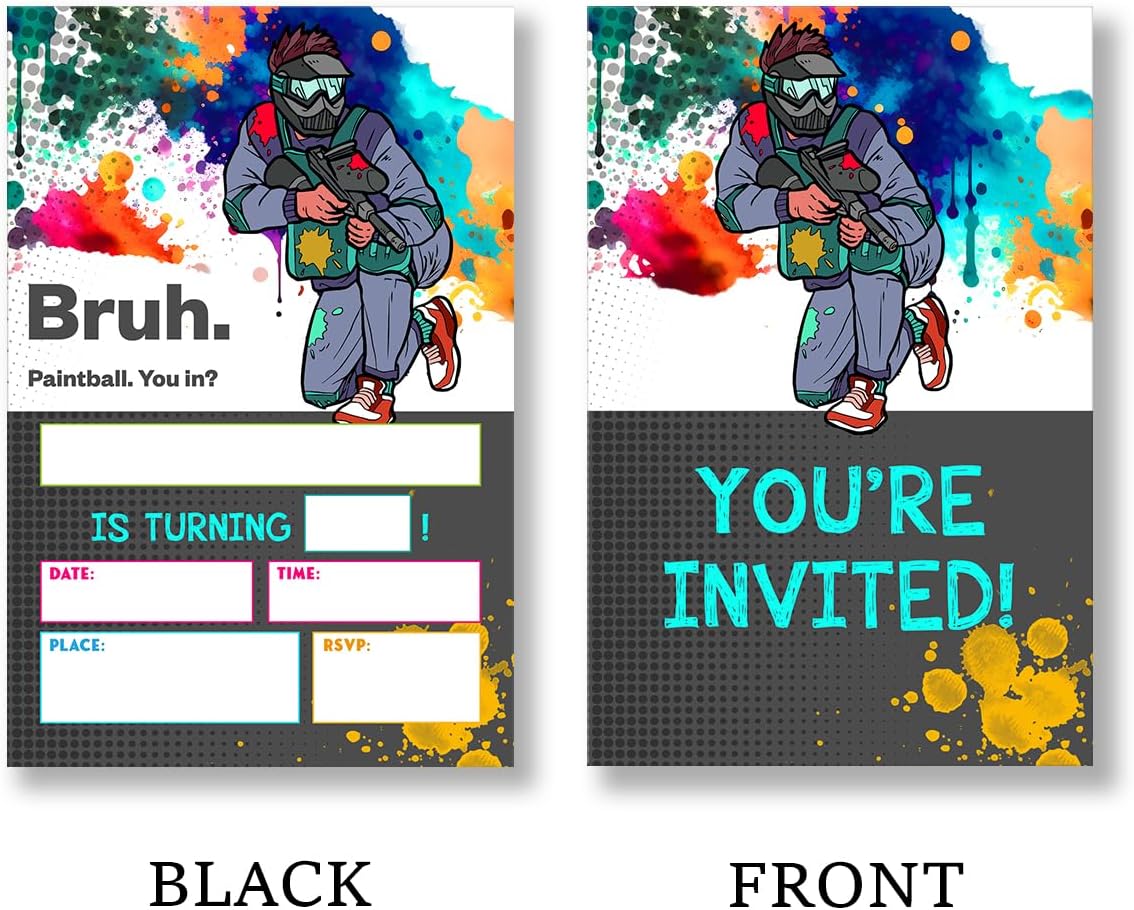 Paintball Birthday Invitation Supplies with Envelopes Set of 20 Bruh Teen Boy Party Invitation Fill in Blank, Double Sided