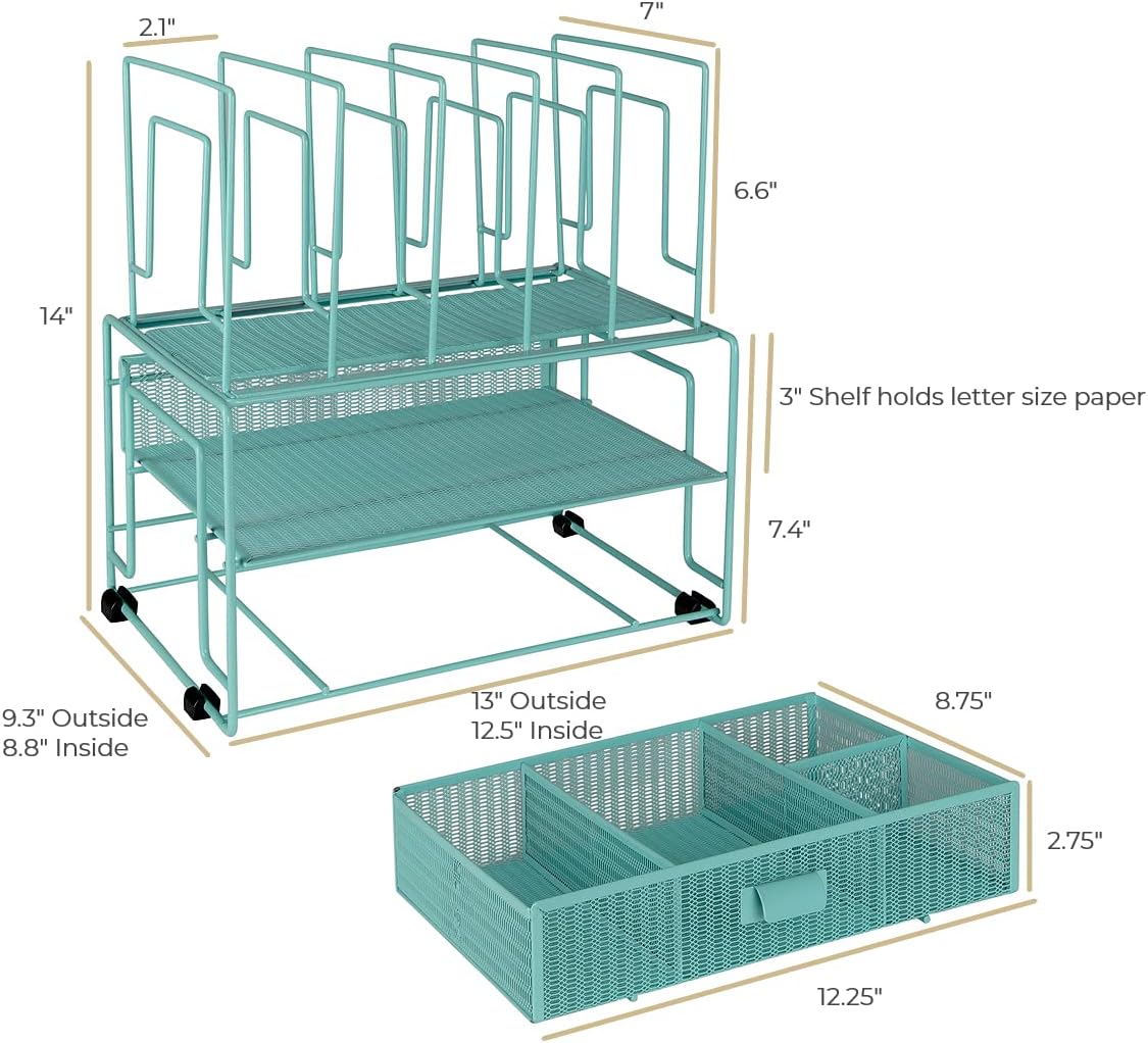 BLU MONACO Mint Green Desk Organizer with File Sorters & Drawer – Workspace Organizer for Office Supplies, Paper, Devices & Folders