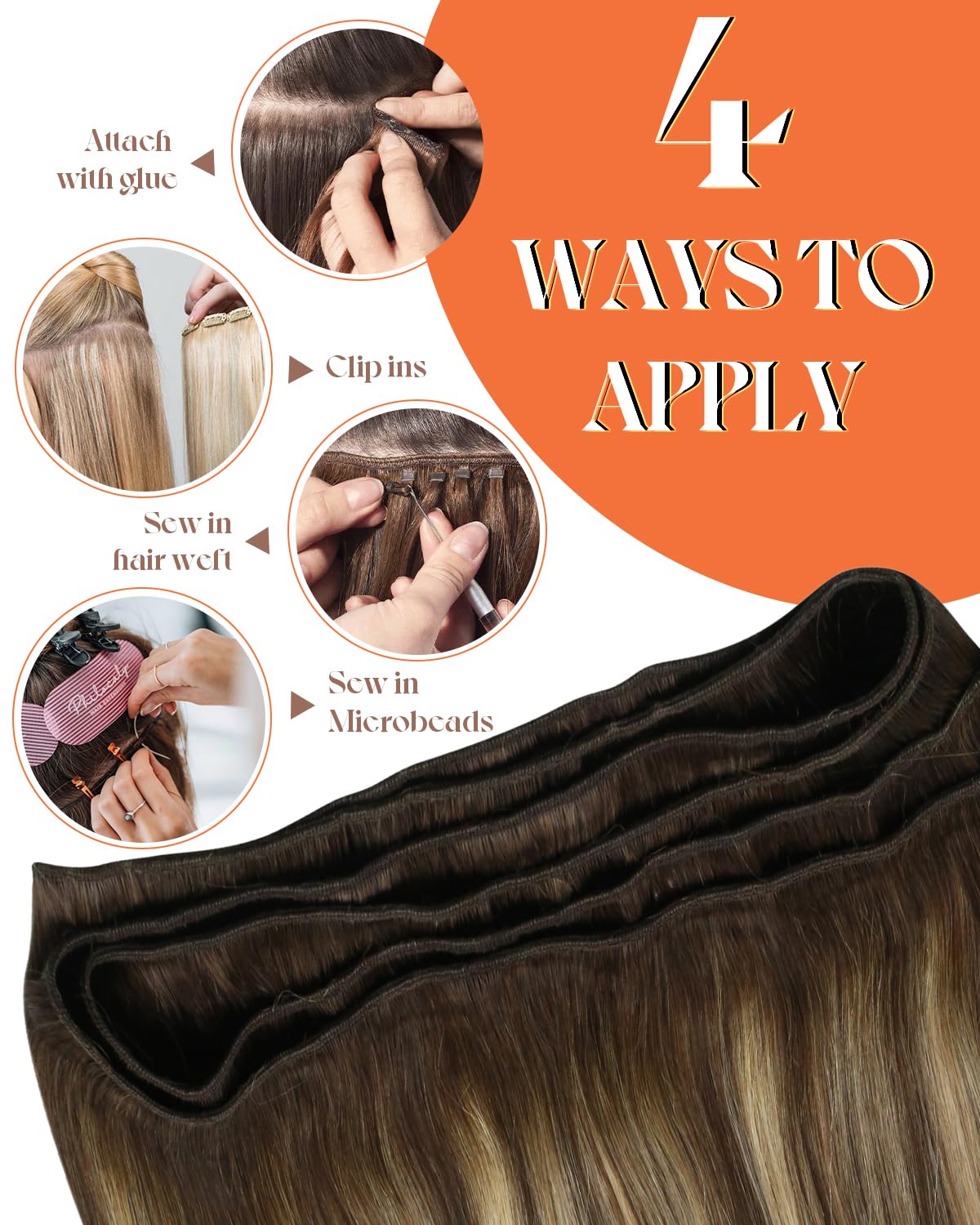 Sunny Hair Sew in Hair Extensions Real Human Hair 24 Inch Balayage Weft Hair Extensions Dark Brown Mix Caramel Blonde Sew in Bun