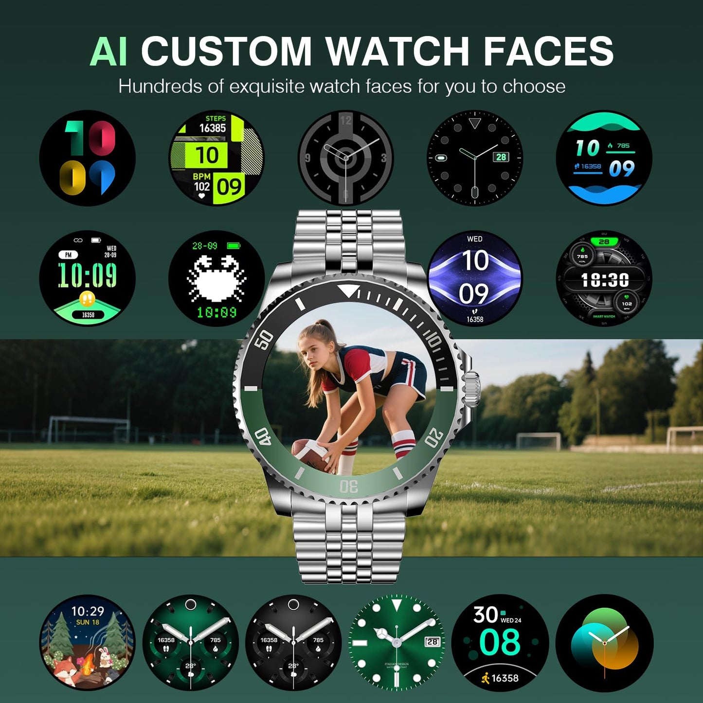 2025 DA GPT Smart Watch for Men, Heart Rate, Blood Pressure, Blood Oxygen, Sleep Monitor, 107 Sports Modes, 1.19-inch AMOLED Display, Waterproof Round Watch, Compatible Android iOS Silver Green