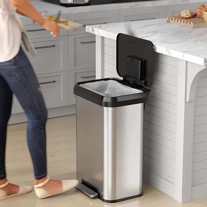 iTouchless SoftStep EXP 13.2 Gallon Step Pedal Trash Can Recycling Bin with Odor Filter Stainless Dent-Proof Plastic Lid Garbage Trashcan 50 Liter Home Office Bedroom Living Room Garage Wastebasket
