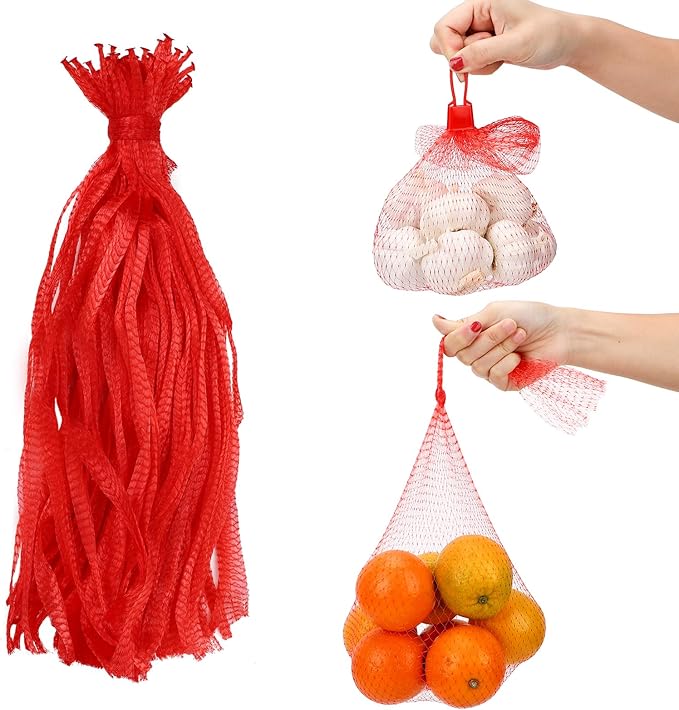 100 Pack Reusable Produce Bags, Mesh Netting with Loop-Style Closures, Onion Bags Mesh Bags for Vegetables, Melon Cradle for Garden Trellis Fruit Hammock Onion Storage, 19.7 inch Red
