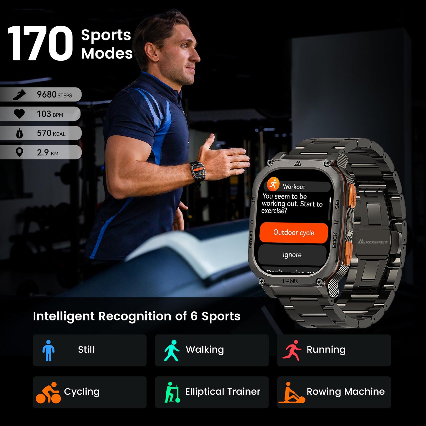 KOSPET Tank M3 Ultra GPS Smart Watch, 50M Waterproof, Compass, Altitude, Air Pressure, 480mAh Large Battery, Stainless Steel, Bluetooth Call, 1.96'' AMOLED Always-on Display, AI Voice, Metal Band