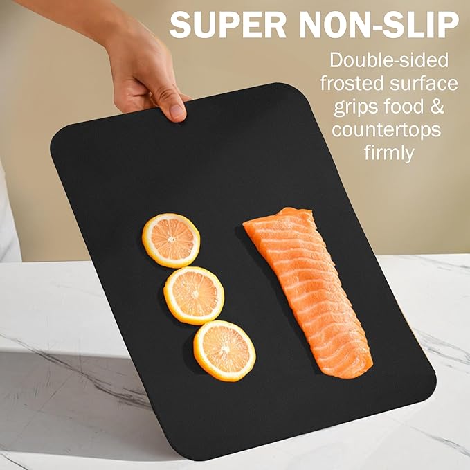 Fotouzy Silicone TPU Flexible Cutting Boards for Kitchen, Thick Rubber Cutting Board Mats, Black Cutting Mats for Kitchen Dishwasher Safe, BPA Free