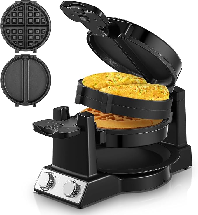 FOHERE 2-in-1 Waffle Maker & Omelette Maker, 1400W Double Belgian Waffle Iron 180° Flip, Adjustable Browning Control, Rotating & Nonstick Pans, Removable Drip Tray, Cool Touch Handle (Dark Black)