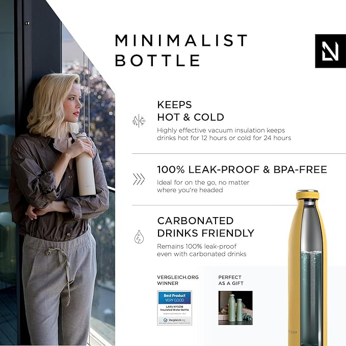 LARS NYSØM Stainless Steel Insulated Water Bottle 12oz 17oz 25oz 34oz 51oz | BPA-free Insulated Thermo Flask for Hot and Cold Beverages | Leakproof Drinking Bottle (Spicy Mustard, 34oz)