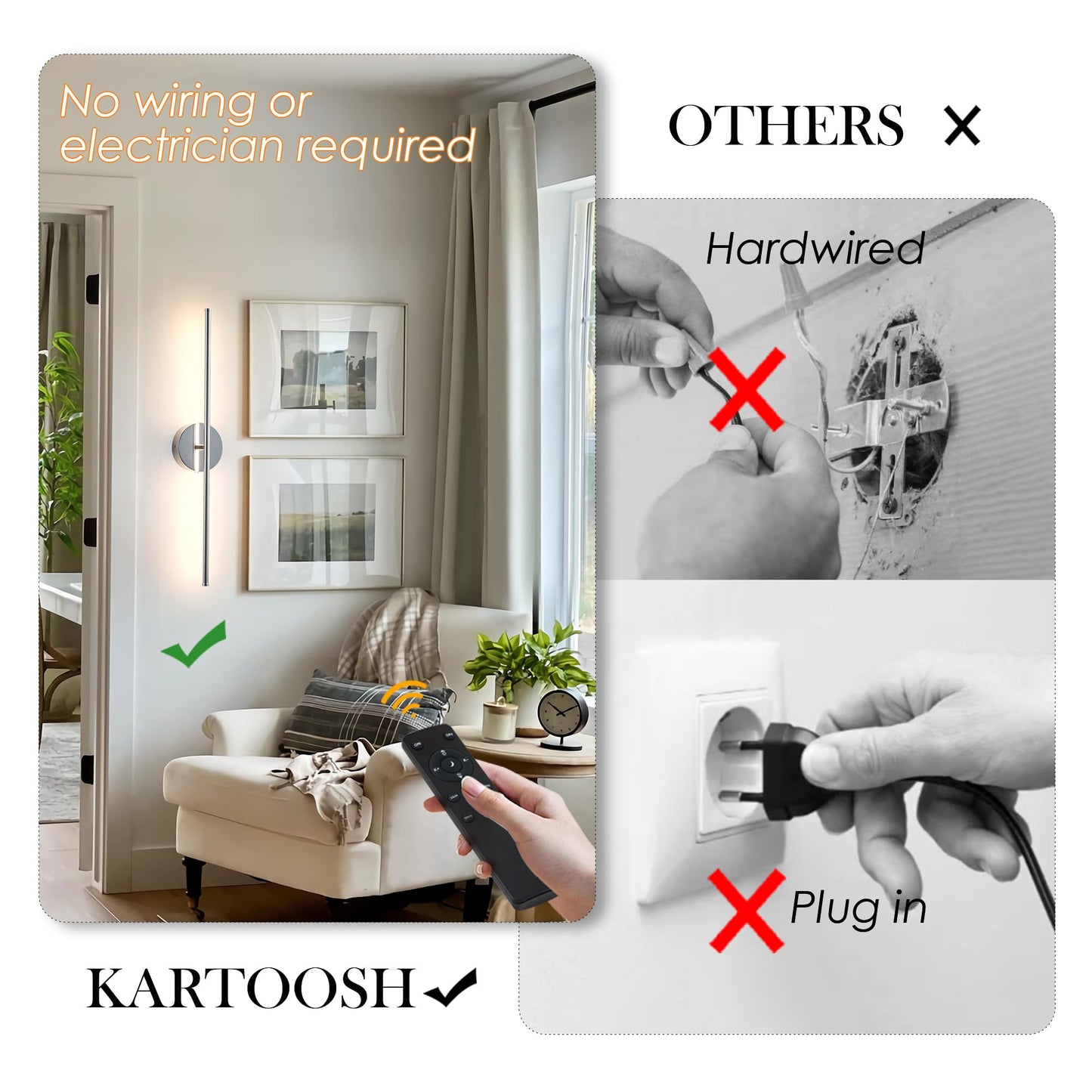 KARTOOSH Wall Sconces - Removable Battery Operated LED Lights, 350° Rotate, 3 Color Temperatures, 28.3 Inch (2 Pack), Chrome