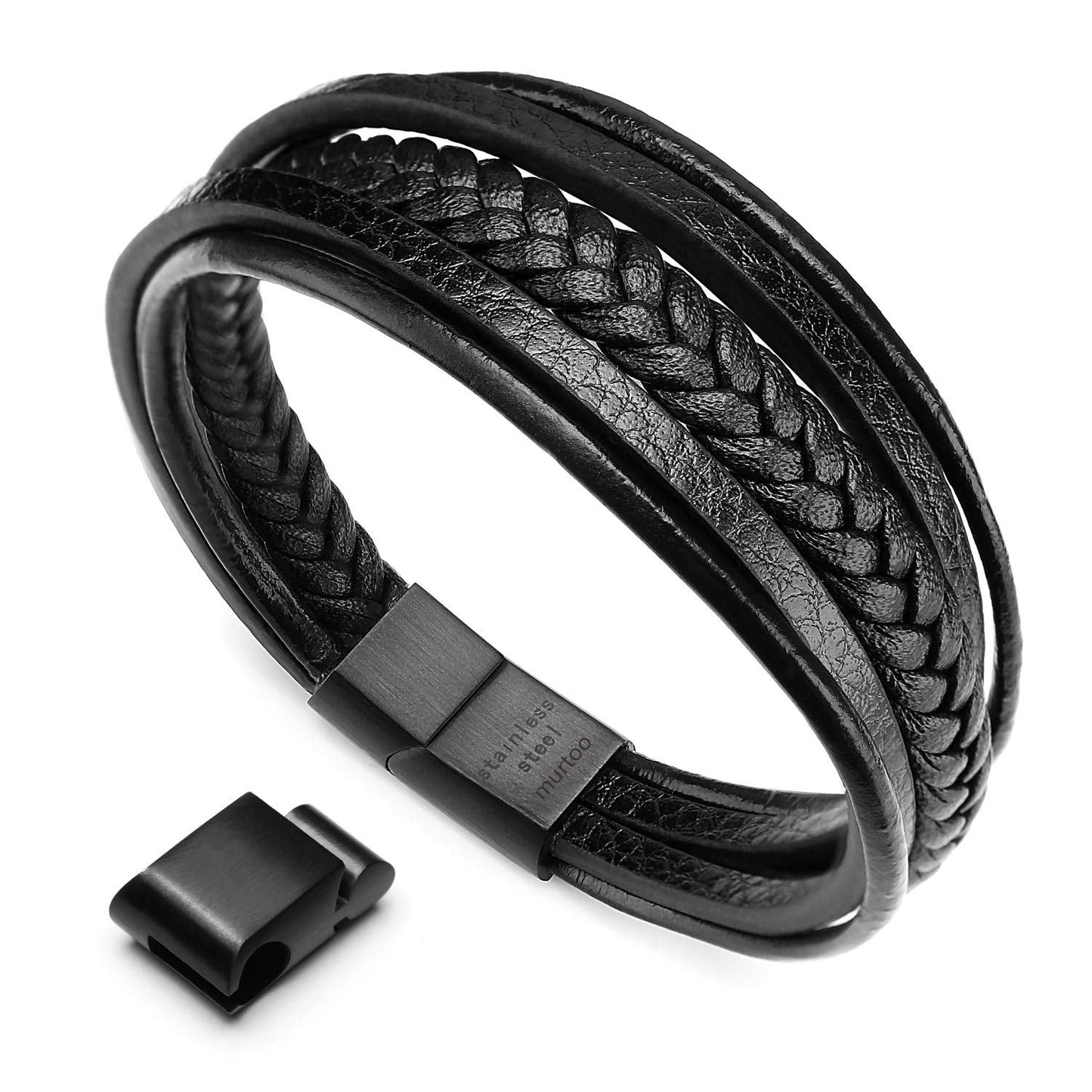 murtoo Mens Leather Bracelet with Clasp Cowhide Multi-Layer Braided Leather Mens Bracelet