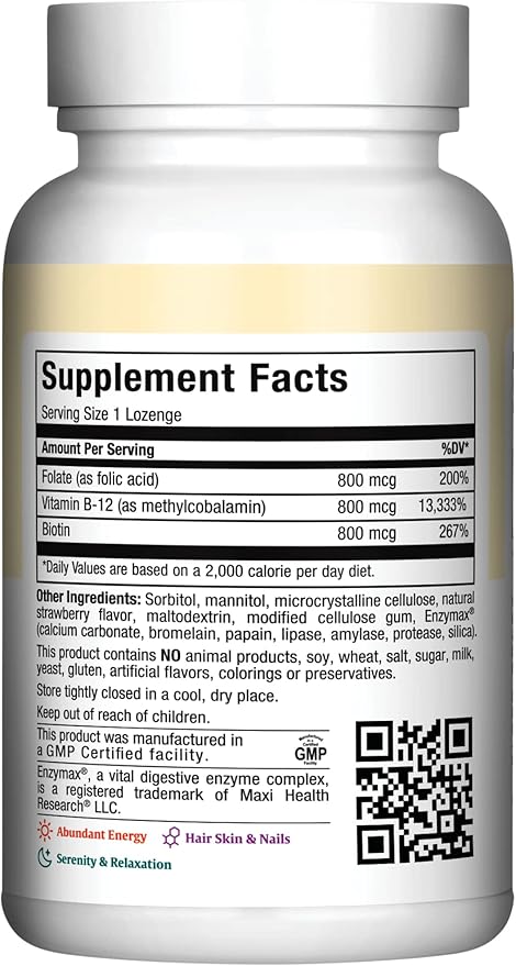 Maxi Health Vitamin B12 Lozenges with Folic Acid and Biotin - Sublingual B12 Vitamins Strawberry Flavor - Vegetarian Kosher B 12 Vitamin for Red Blood Cell Production and Energy (180 Count)