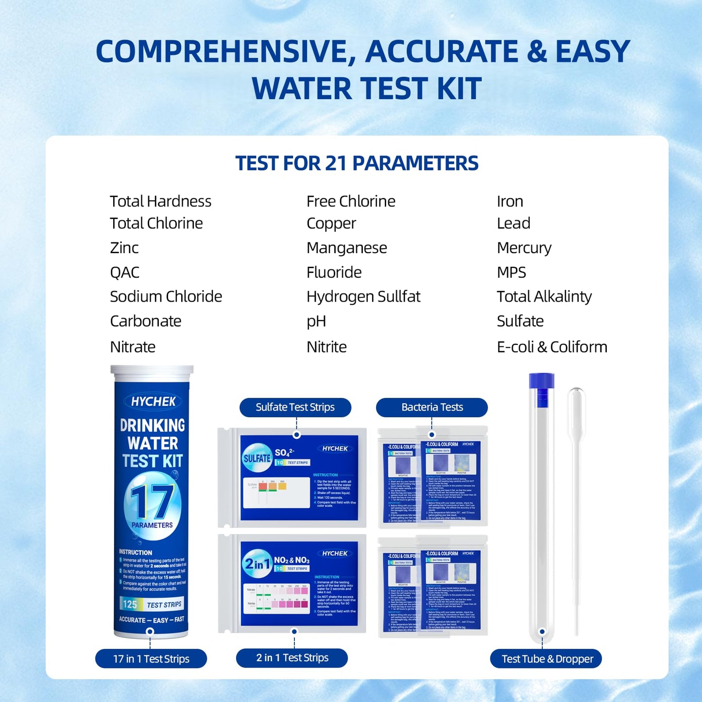 HYCHEK 21 in 1 Accurate Drinking Water Testing Kits, 145 Strips + 4 Bacteria Tests, Well and Tap Water Test Kit, Home Test Strips for Lead, Fluoride, Chlorine, Hardness, pH, Iron, Copper, and More