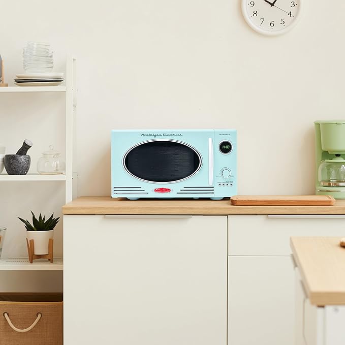 Nostalgia Retro Countertop Microwave Oven, 0.9 Cu. Ft. 800-Watts with LED Digital Display, Child Lock, Easy Clean Interior, Cu.Ft, Aqua