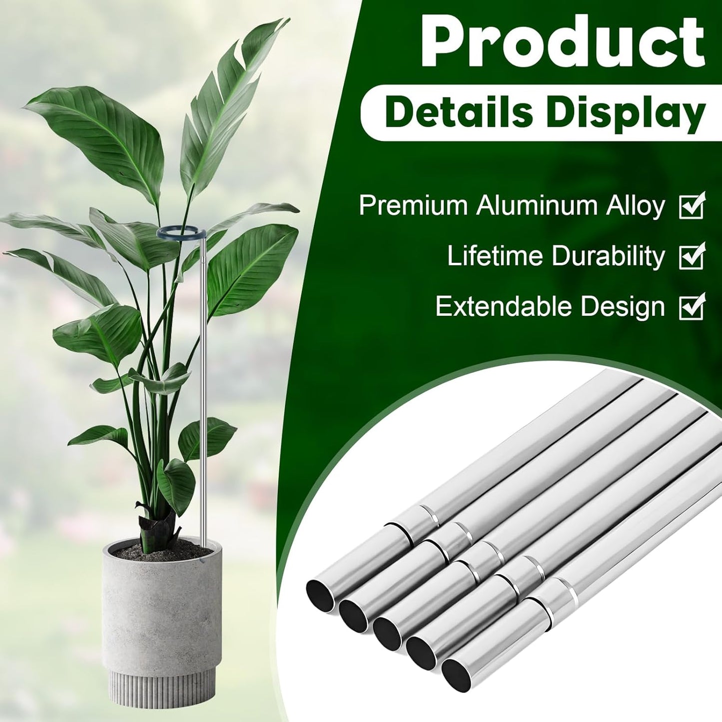Extendable Monstera Plant Support Stakes, Made of Aluminum Alloy, Tomato Stakes Length Adjust from 17.3" to 32.2", Suitable for Indoor Outdoor Potted Amaryllis Vegetables Comes with 15 Ties-5Pack