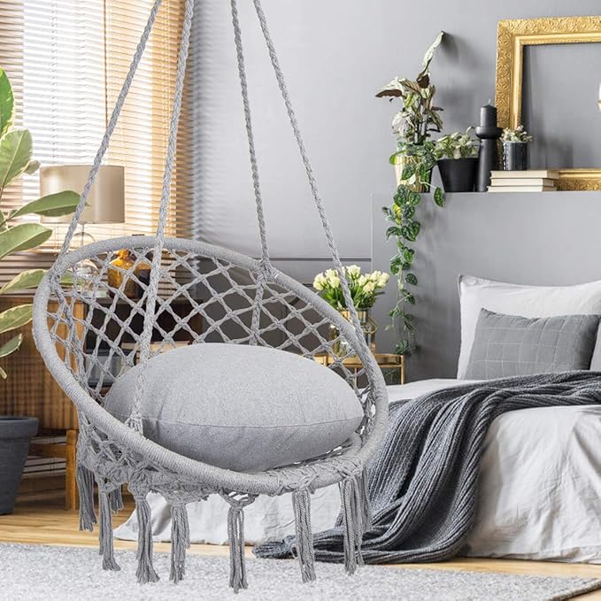 Y- STOP Hammock Chair Macrame Swing, Max 330 Lbs, Hanging Cotton Rope Hammock Swing Chair for Indoor and Outdoor Use, Light Grey