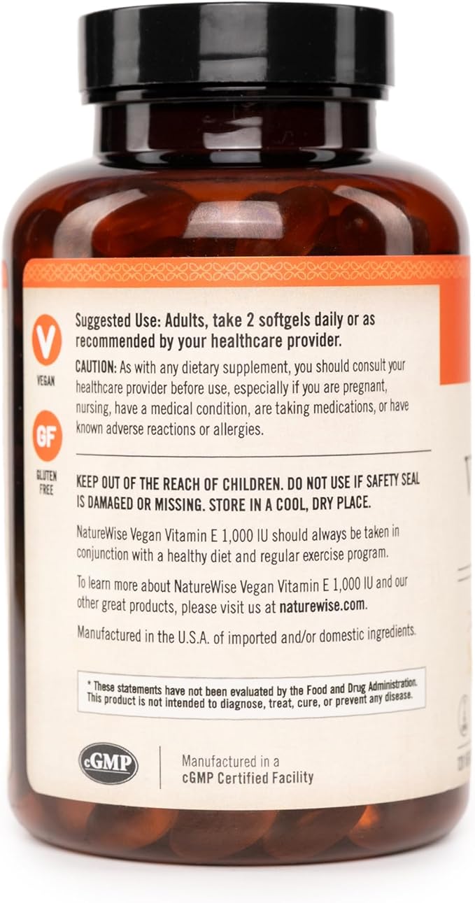 NatureWise Vitamin E 1000 IU Softgels (450mg dL-Alpha) - Vegan, Gluten-Free, Soy-Free, Non-GMO Antioxidant Dietary Supplement for Skin, Heart, Eye, and Immune Health Support - 60-Day Supply, 120 Count