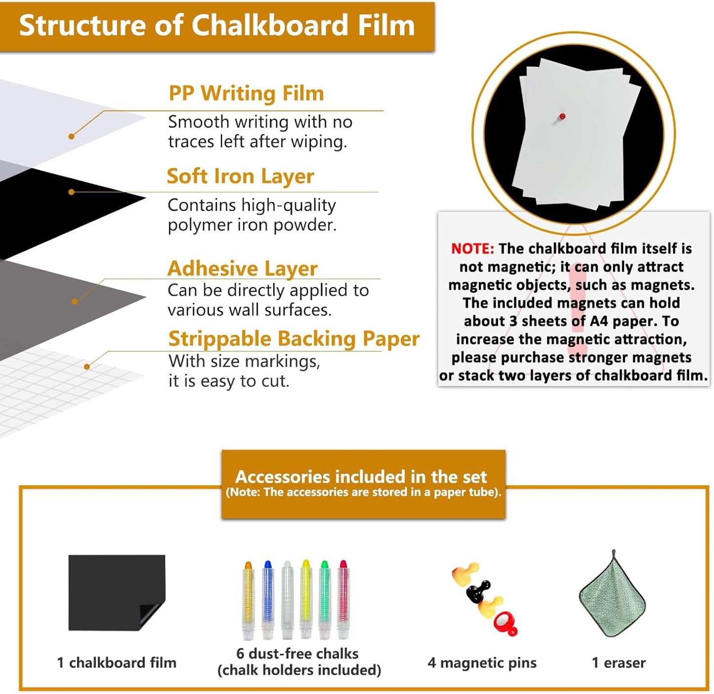 Magnetic Chalkboard Contact Paper with Adhesive, 38" x 19" Magnetic Blackboard Film for Walls, Peel and Stick – Ideal for Office, Classroom, Home. Includes Dustless Chalk, Wiping Cloth, and Magnet