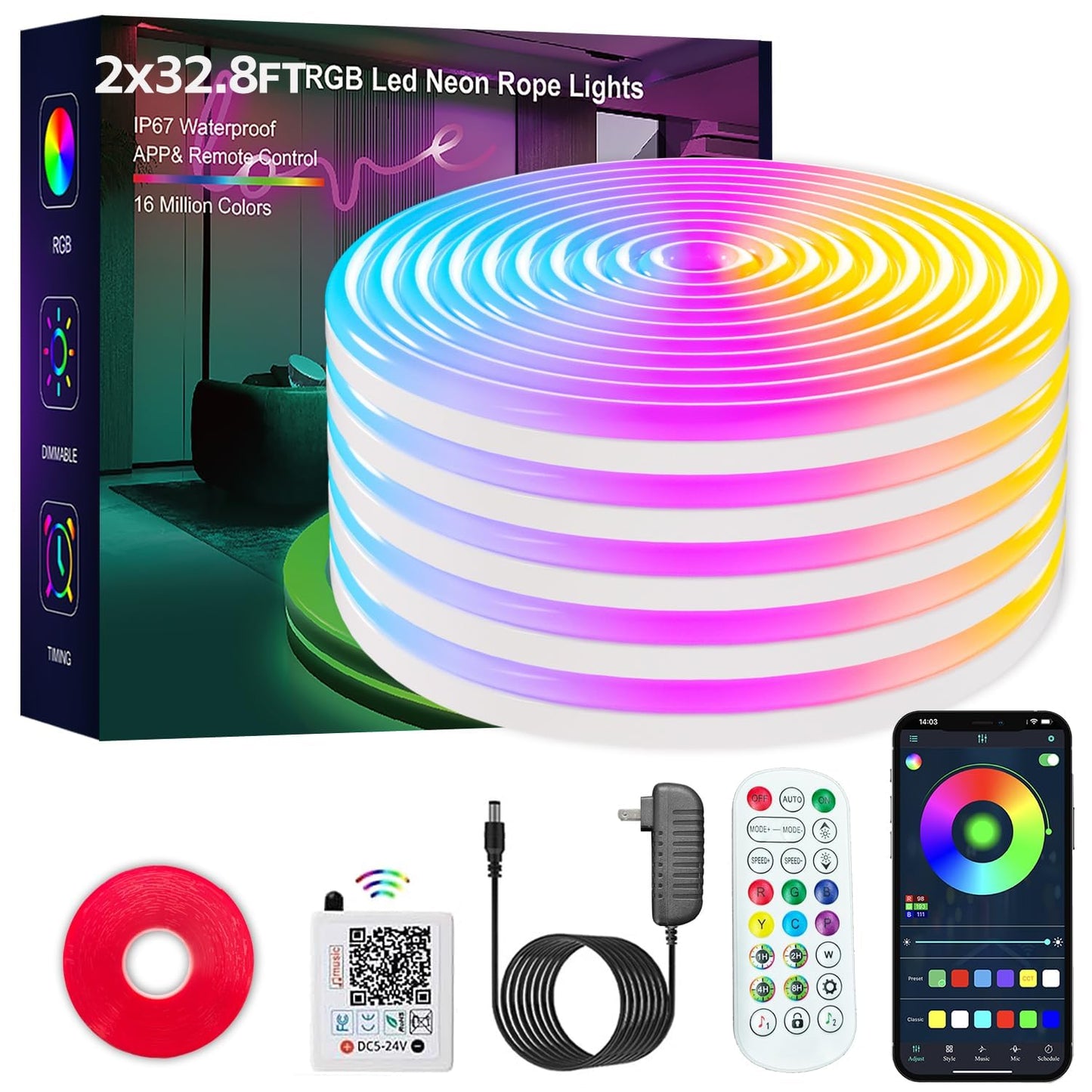 MFWW Neon Rope Lights, 66FT RGB LED Strip, App & Remote Control, IP67 Waterproof, Music Sync, Multicolor, Model TongYan612NHHC-2x10M