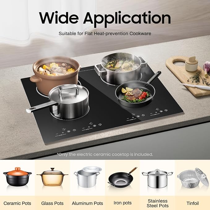 4 Burner Electric Cooktop 110V, 23 Inch Electric Stove Countertop & Built-in, 3000W Ceramic Stove Top with 9 Heating Level, Child Lock, Timer, Hard Wire, No Plug