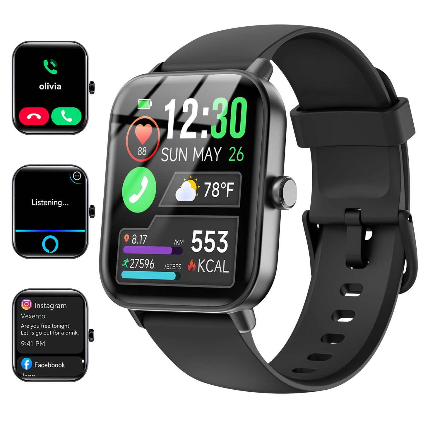 Smart Watches for Women/Men, Smart Watch for Android Phones and iPhone Compatible, Alexa Built-in, 1.8" Fitness Watches for Women, IP68 Waterproof/Bluetooth Call, Heart Rate/Sleep Monitor, Black