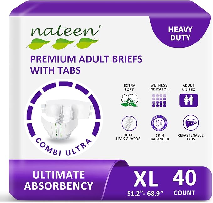 Nateen Combi Ultra Adult Diapers with Tabs for Women and Men, Ultimate Absorbency Protective Incontinence Briefs, Heavy Duty, Leakproof and Skin-Friendly Incontinence Underwear.Extra-Large, 40Count