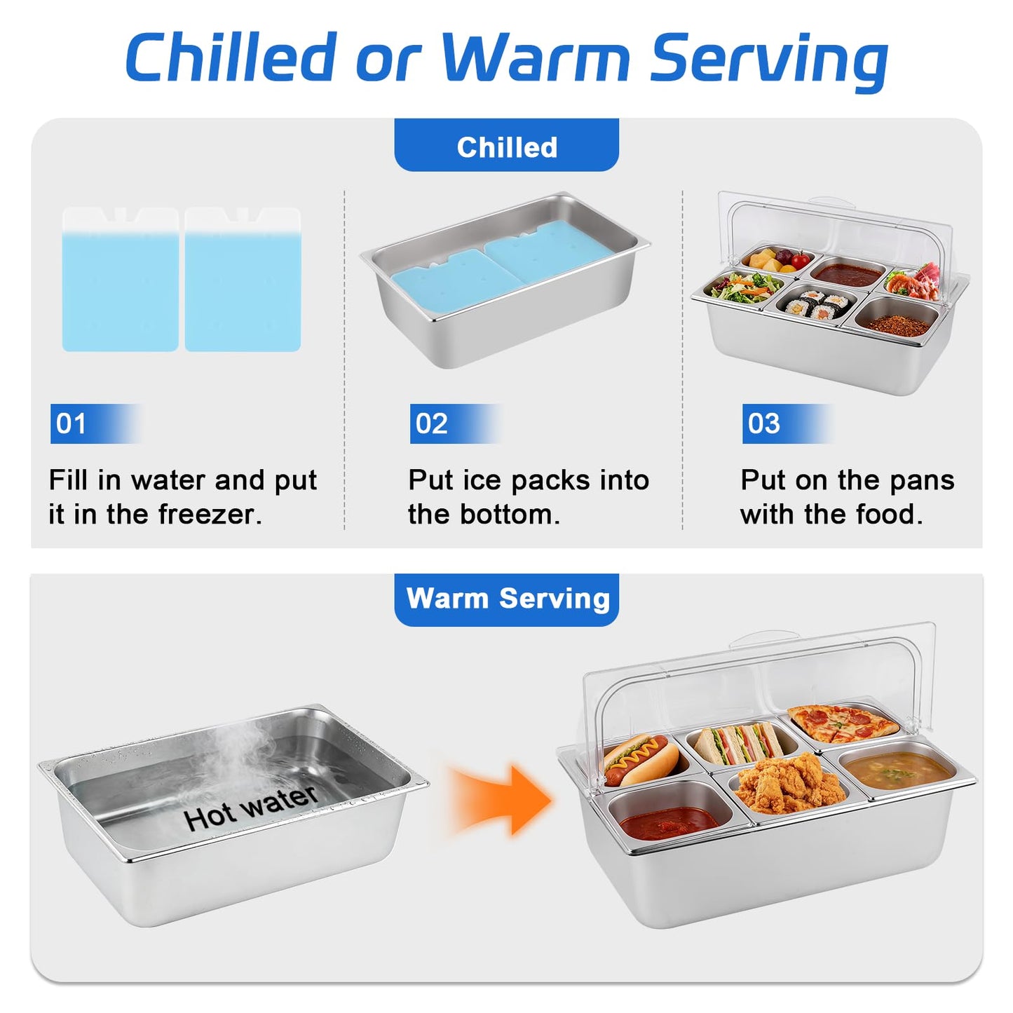 YMJOINMX Cold Food Buffet Server 9.6Qt (6 Pans×1.6Qt) with Ice Packs for Salad Pizza Sauce Colded Serving Trays Condiments Containers for Parties Buffet