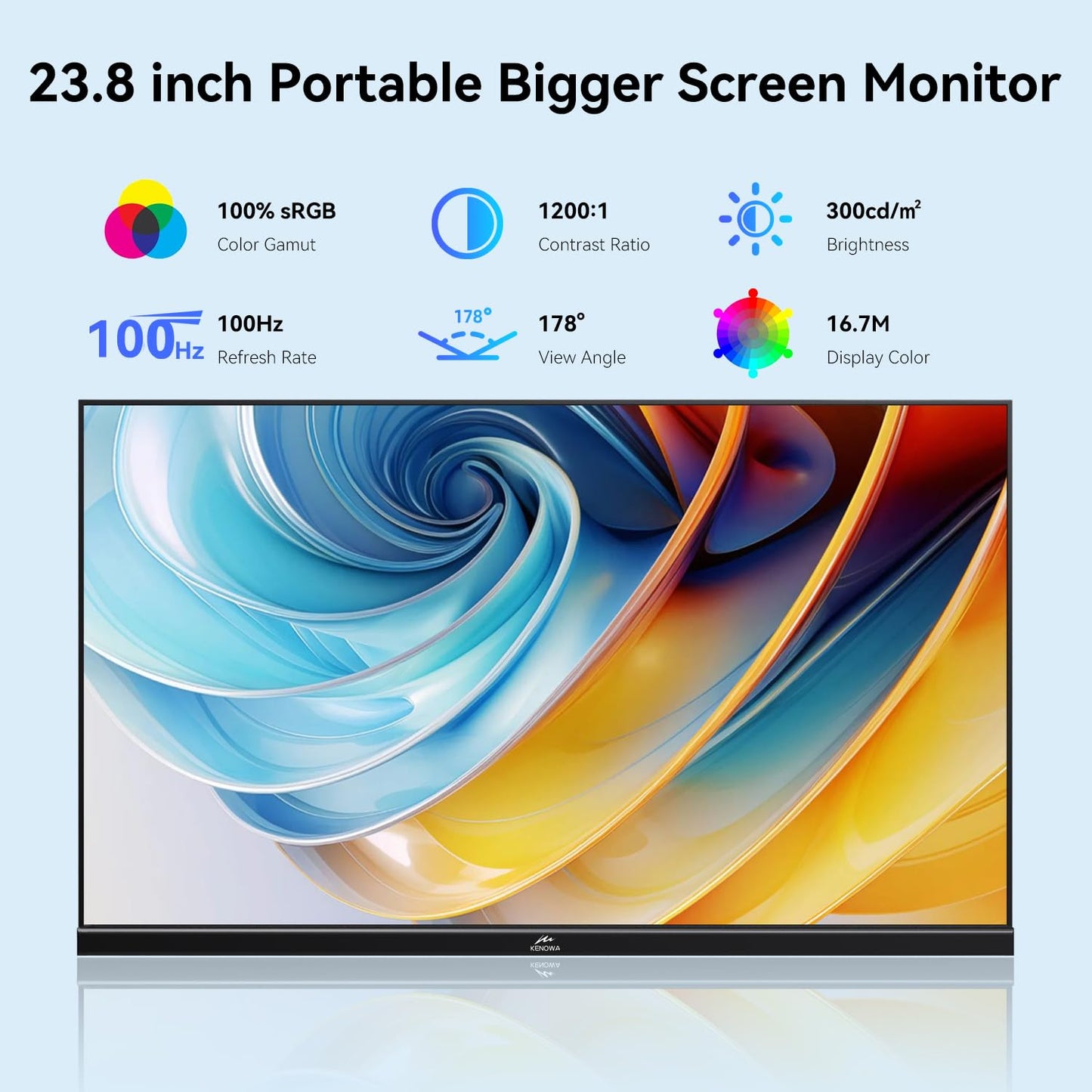 Kenowa 23.8" 100Hz Large Portable Monitor IPS FHD 1080P Freesync USB-C HDMI Gaming Monitor, External Display Dual Speakers Adjustable Stand for PC,Laptop,Mac,Phone,Game Consoles