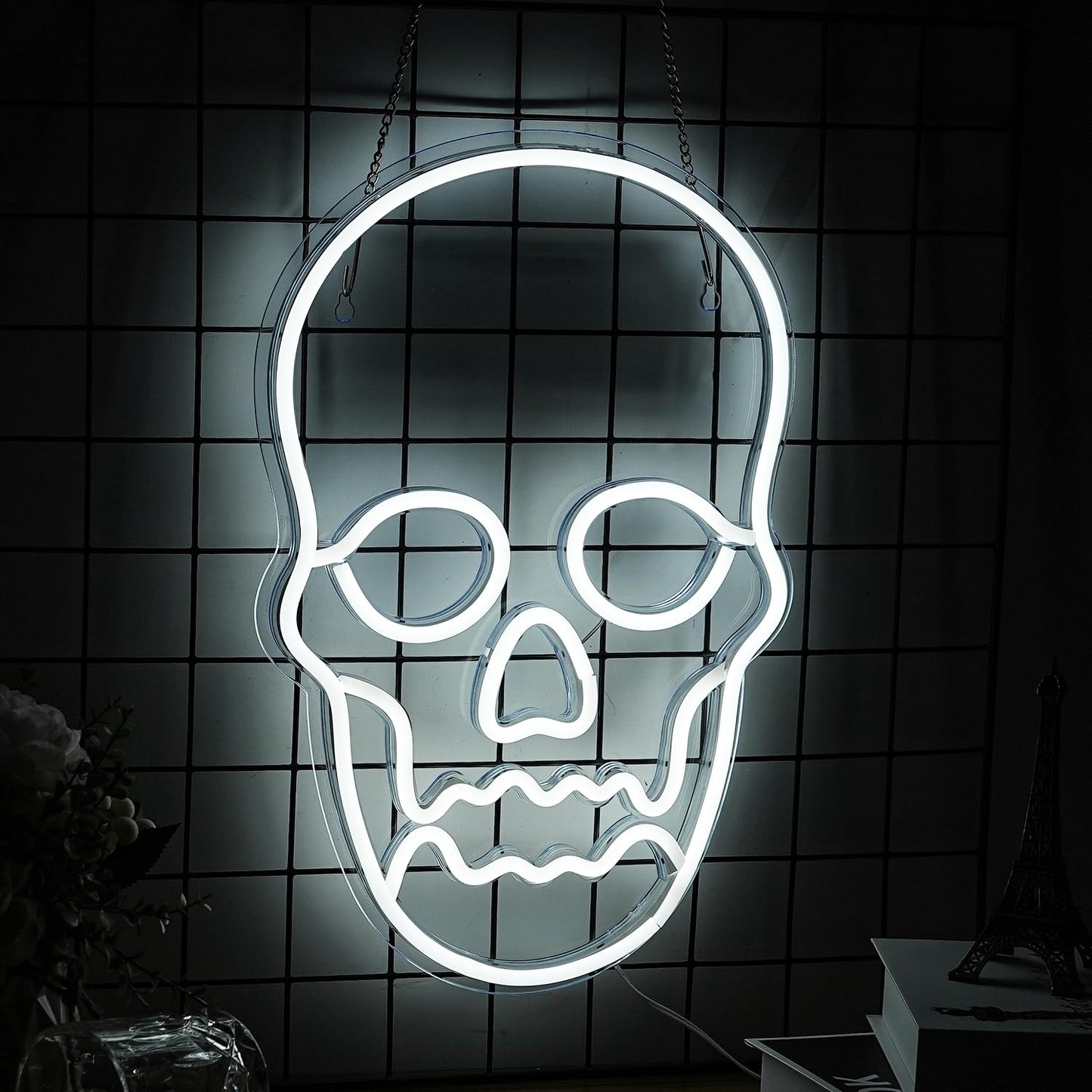 Alkkign Skull Neon Sign, White Ghost LED Light for Halloween, Man Cave, Game Room, Plastic Material