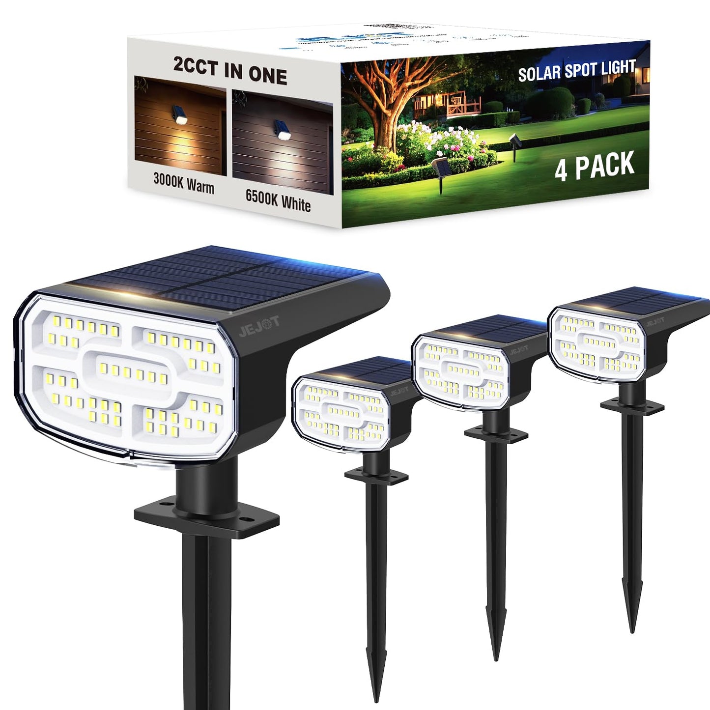 Jejot Solar Spot Lights Outdoor Waterproof Ip65 4 Pack 2Cct(3000K/6500K) 4 Lighting Modes Selectable  Solar Powered Yard Garden Solar Spot Lights For Outside Landscape Auto On/Off
