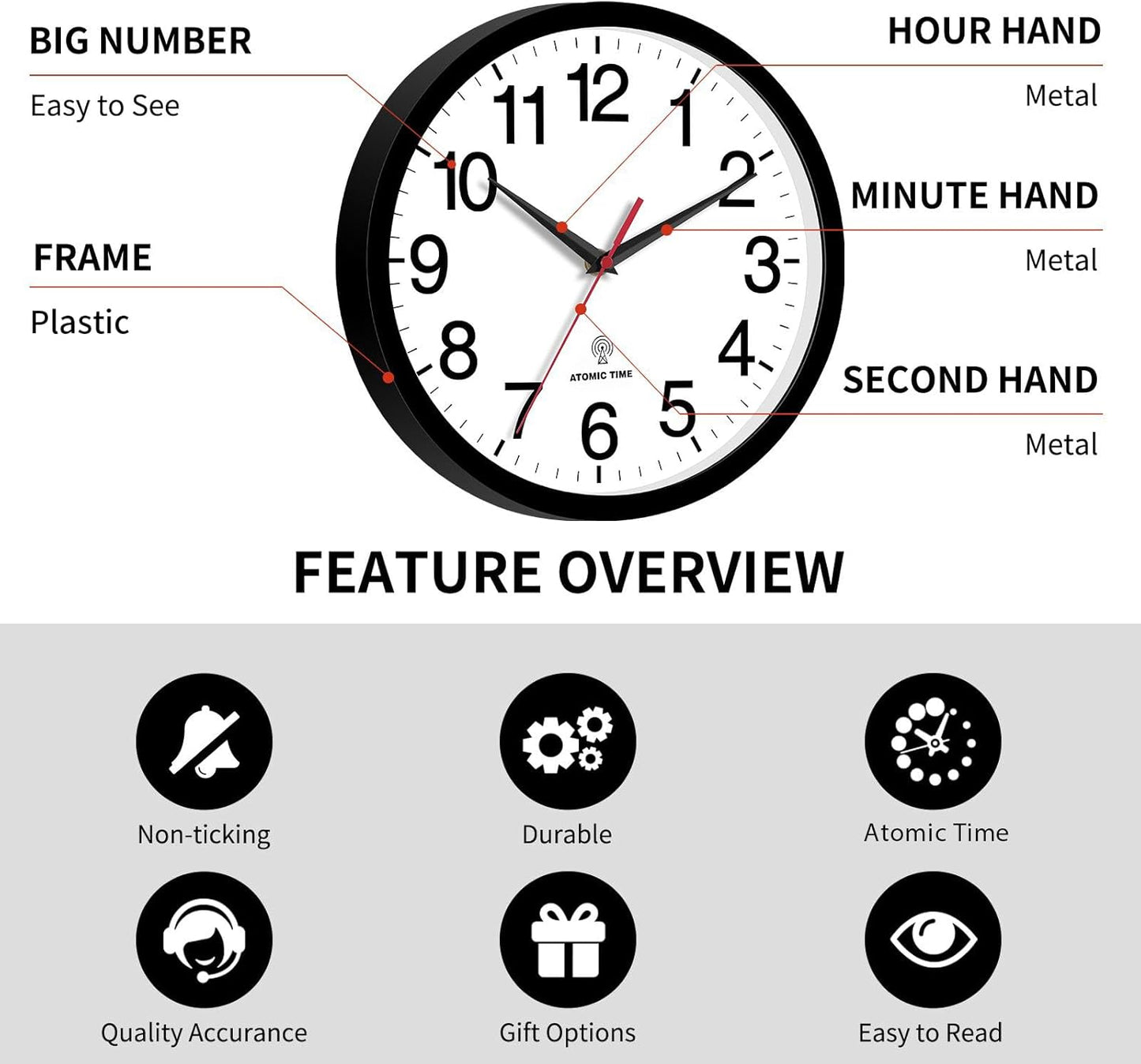Atomic Wall Clock, Modern 12 Inch Battery Operated Wall Clocks, Analog Clock for Living Room, Office, Home, Bedroom, Kitchen, Bathroom(Black)