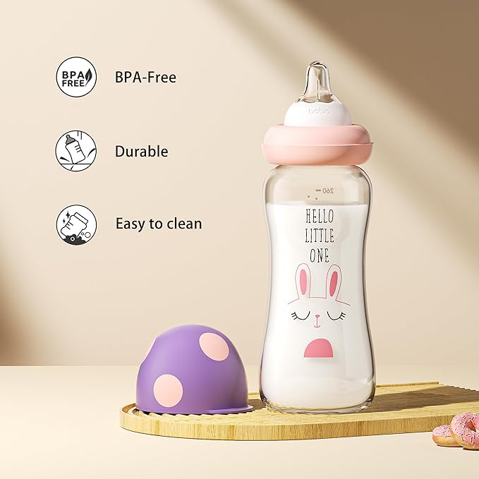 YOHKOH Natural Glass Baby Bottle with Natural Response Nipple, Newborn Anti-Colic Baby Bottles, Wide Neck Mushroom Cap Baby Bottle, Clear ((8.8oz (Pack of 2), Purple)