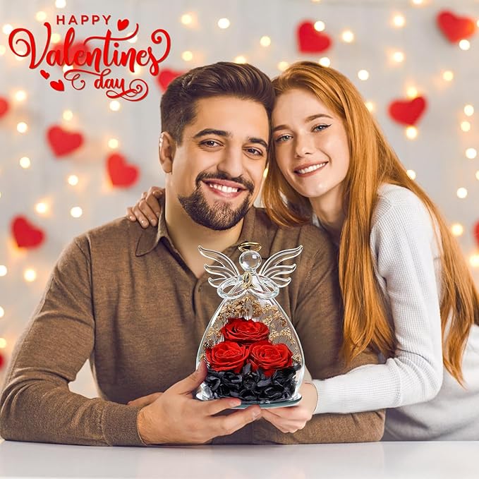 Beferr Valentines Day Rose Gifts for Her Women Mom Gifts for Birthday, Fresh Flowers for Delivery Forever Preserved Rose in Glass Angel Figurine, for Grandma Wife Daughter Girlfriend