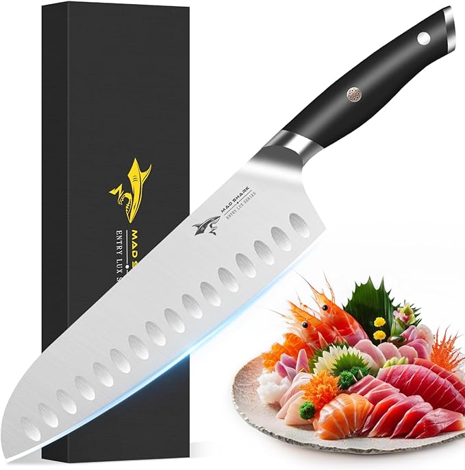 MAD SHARK 8" Santoku Kitchen Knife, Forged German High Carbon Steel Chef Knife, Full Tang Ergonomic Handle, Ultra Sharp for Chopping & Slicing,Birthday Christmas Gifts for Women Men,Gift Box