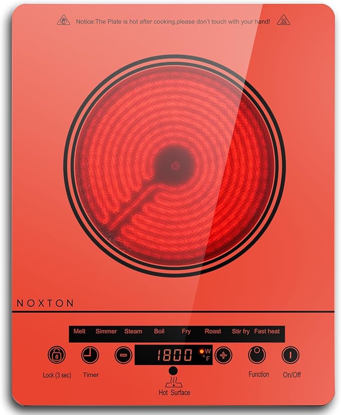 Noxton Portable Electric Stove 110V, 1800W Single Burner Electric Cooktop, Countertop Burner Electri Hot Plate, 4 Hour Timer, 9 Power Level, Child Safety Lock, Compatible with All Cookware(Red)