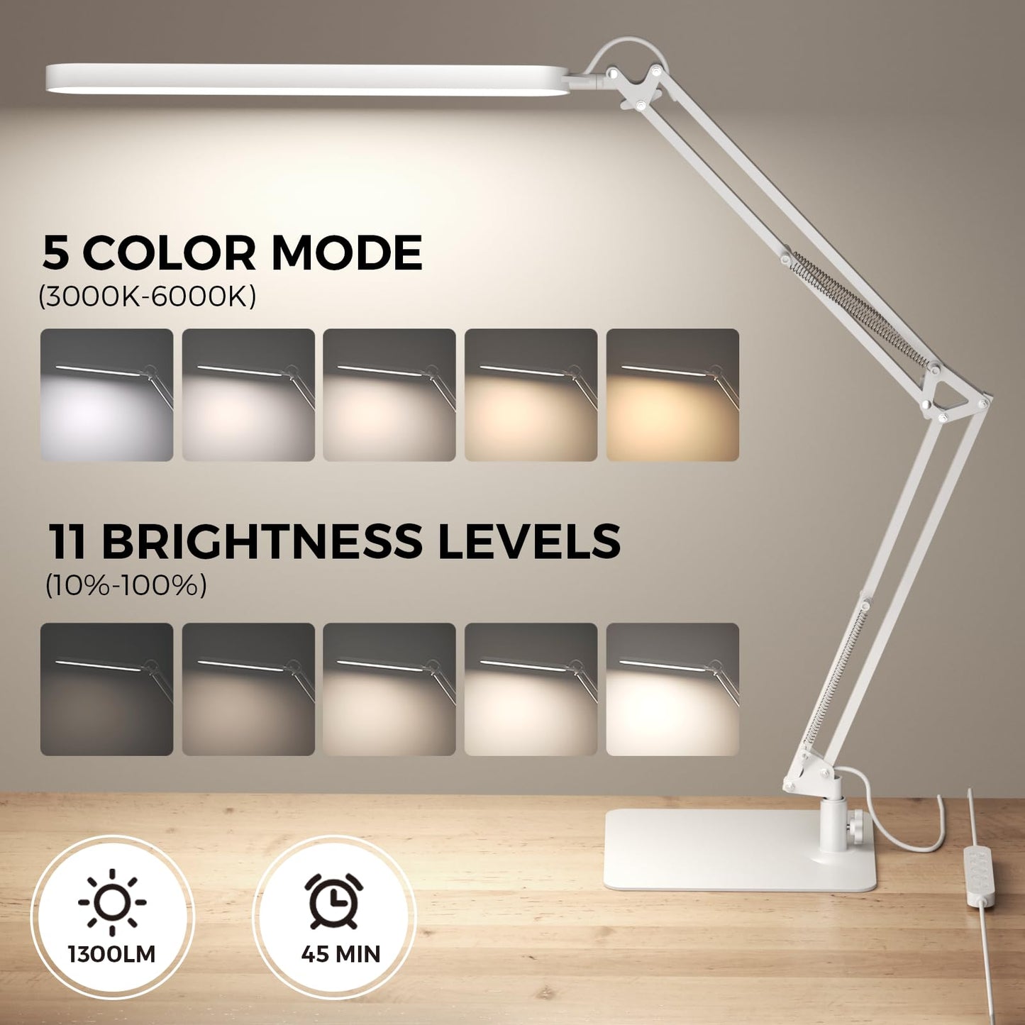 SKYLEO LED Desk Lamp - Adjustable Swing Arm, Dimmable, 1300LM, 12W, White, Model A018