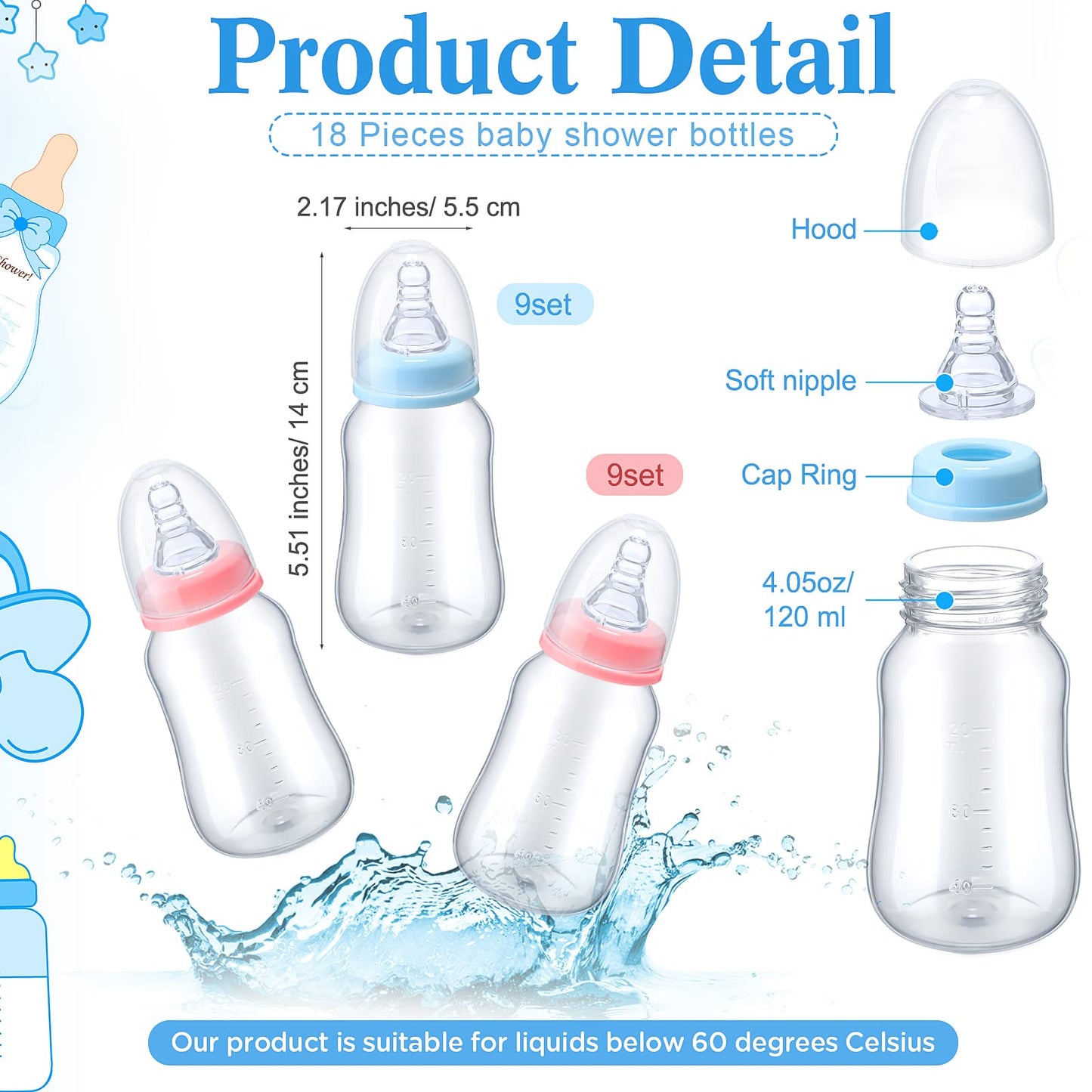 Roowest Bottle Chug Baby Shower Game Favors Including Eucalyptus Theme Wooden Sign and 18 Pcs Baby Bottles for Gender Reveal Party Supplies