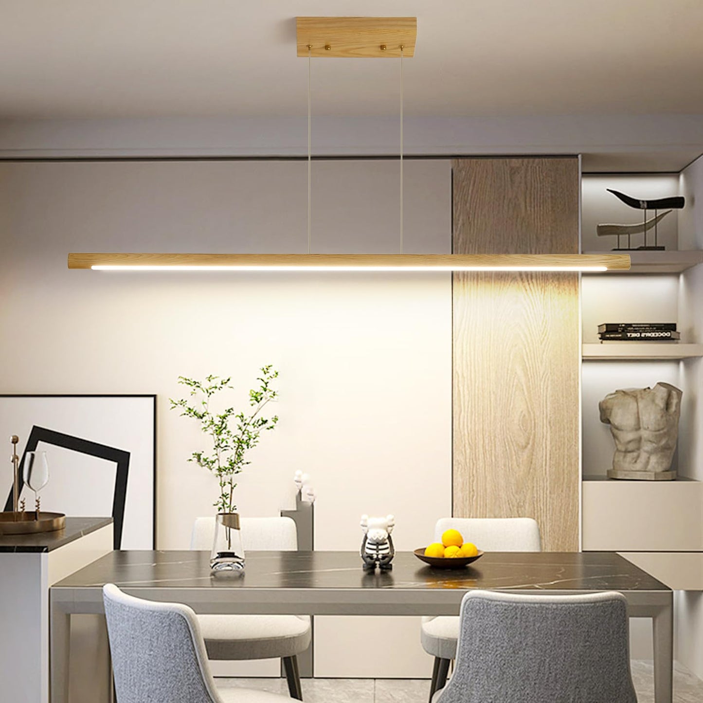 Mikeru Modern Wooden Pendant Light, 39IN, White Ash Wood, Remote Control, Adjustable Color Temp 3000K-6500K, Model BLM