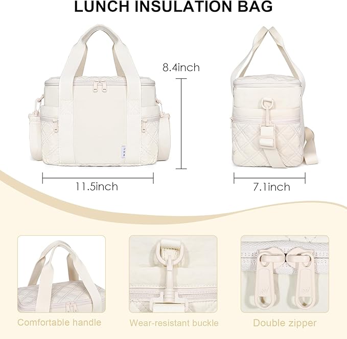 NOL Natural Organic Lifestyle Women's Nylon Lunch Cooler Cute Quilted Lunch Bag Large Leakproof Insulated Lunch Tote Bag for Work Picnic Travel,Cream