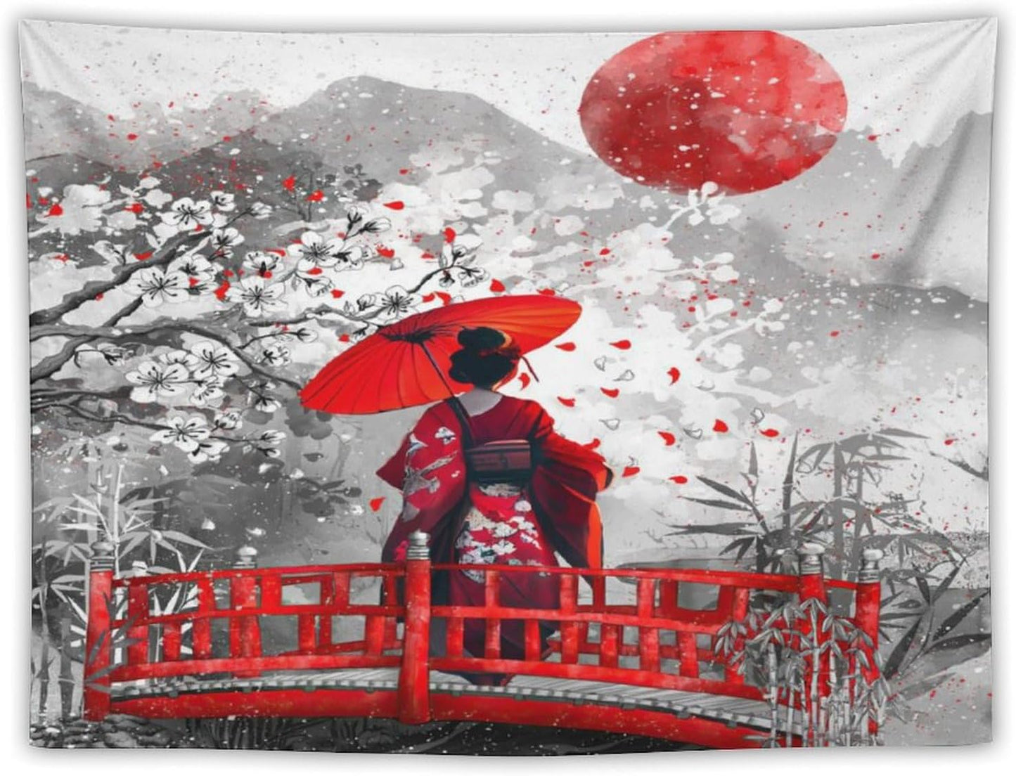 Japanese Red Geisha Tapestry Asian Cherry Blossom Red Sun Traditional Kimono Folk Tapestries Home Decor for Living Room Bedroom Apartment Farmhouse Dorm 80"x60"
