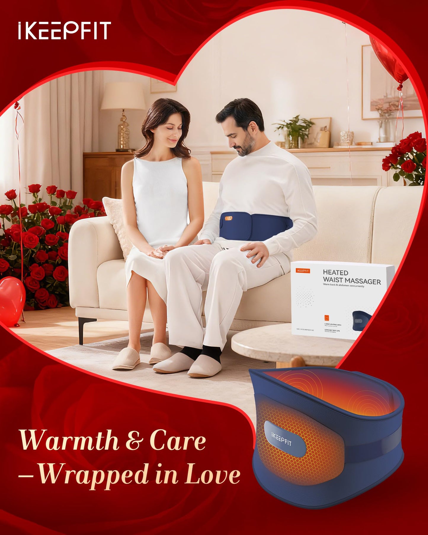 IKEEPFIT Portable Heating Pad for Back, Cordless Wearable Heat Belt with Massager for Lower Back Pain Relief, Battery Powered 8000 mAh Rechargeable, MAXwarm® 3.0, Gift for Women Men 90-310 lbs