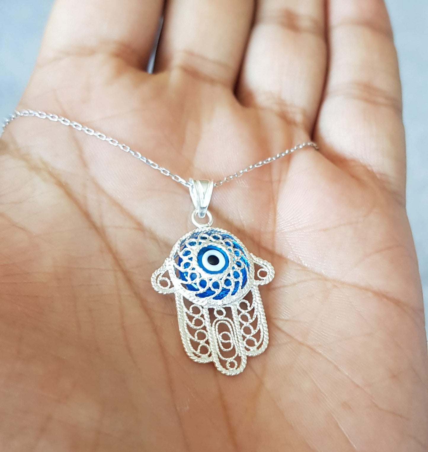MYSTIC JEWELS By Dalia - Sterling Silver Filigree Necklace with Hamsa Hand and Turkish Blue Evil Eye