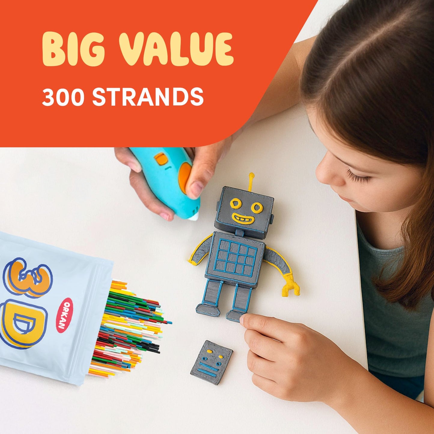 300 x ORKAN 3D Pen Filament Refills | Only Compatible with The 3Doodler Start+ | 15 Rainbow Colors | 6" x 2.5mm PCL Eco-Filament Strands | Safe for Kids | Only for 3Doodler Start+ 3D Pen