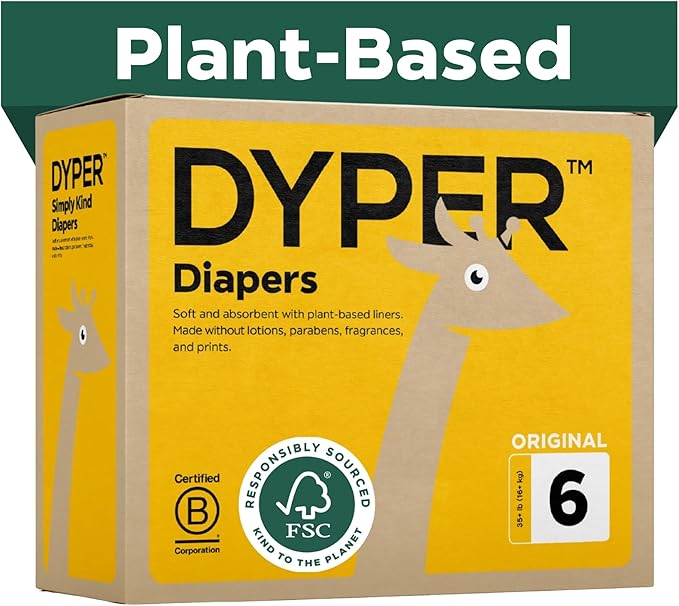 DYPER Baby Diapers Size 6 (192 Count) – Plant-Based, Hypoallergenic, Fragrance Free & Ultra Absorbent Disposable Diapers for Day and Overnight Skin Protection, Monthly Pack Size 6 Diapers